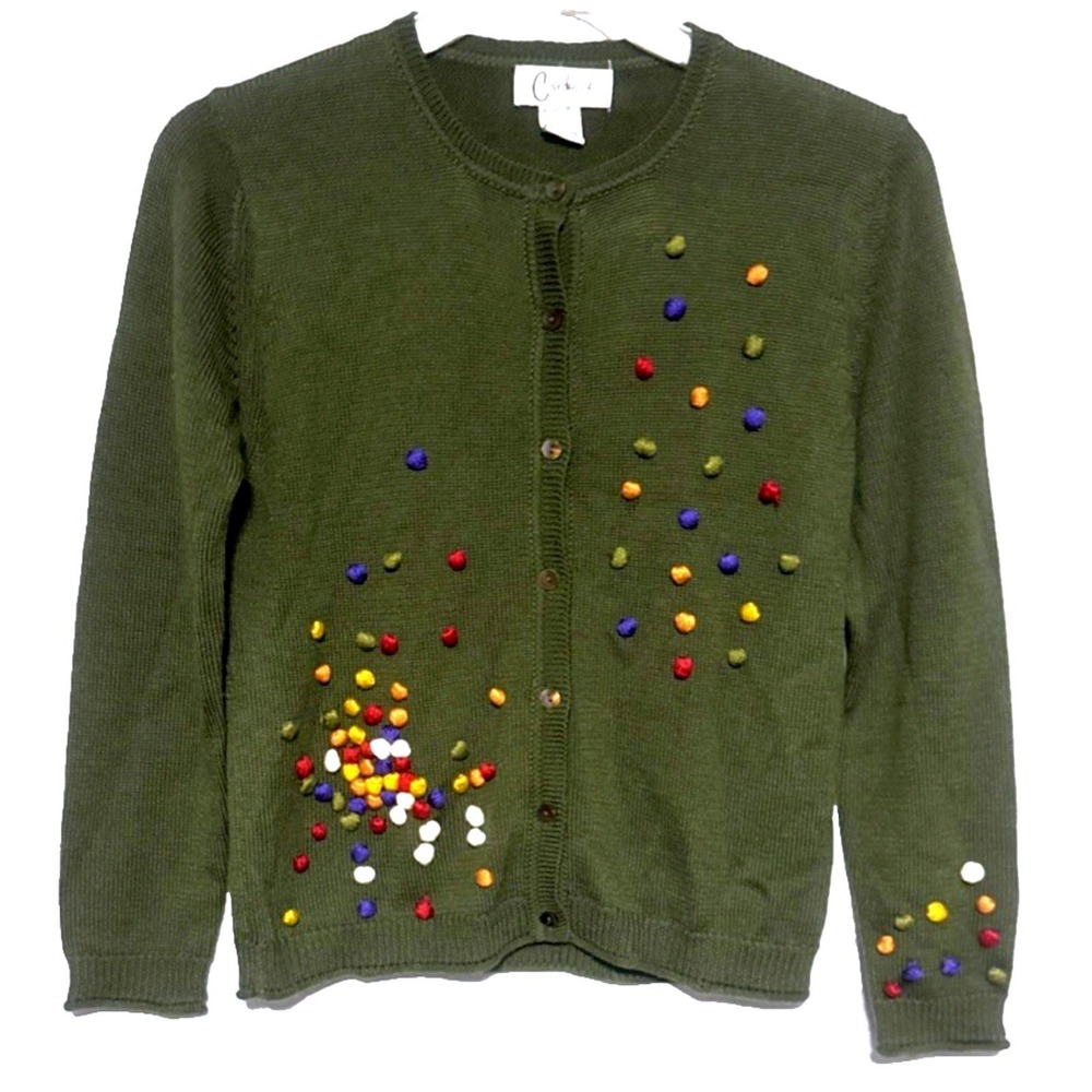 Carducci Green Pom-Poms Embellished Cardigan Sweater Med School Teacher ‎ FUN!